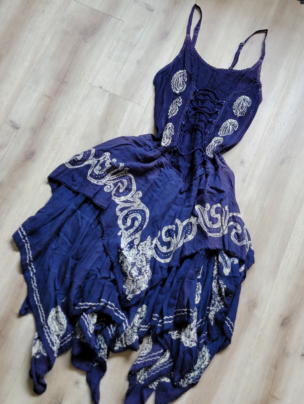 Navy Blue Lace-Up Paisley Dress